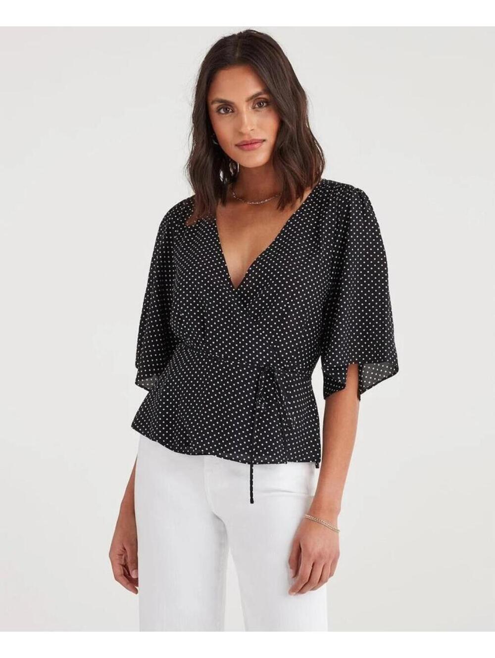 For All Mankind Women's Wrap Front Short Sleeve Top Polka Dot S $168 Retail